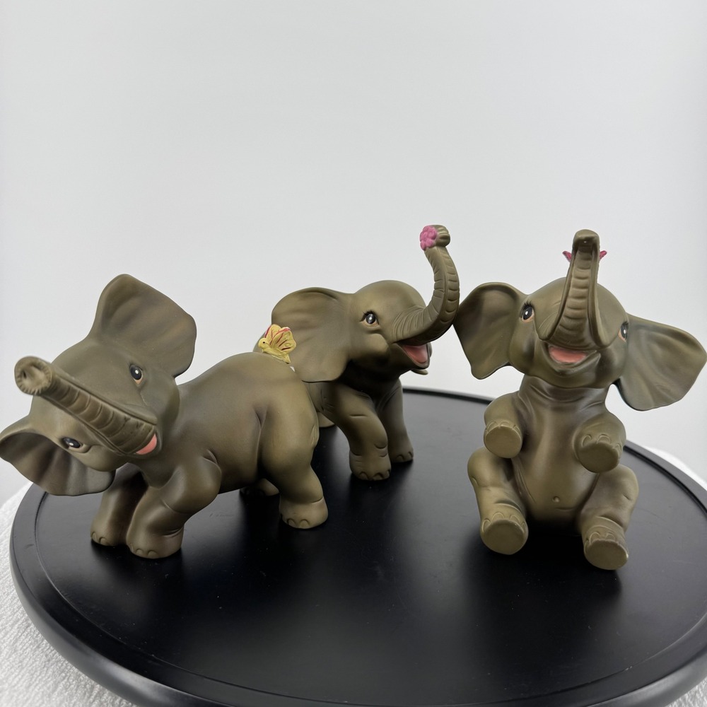 Vintage Elephant Figurines Set of 3 Upward Trunk‎ Cute Lucky Collectible 6"x 6"